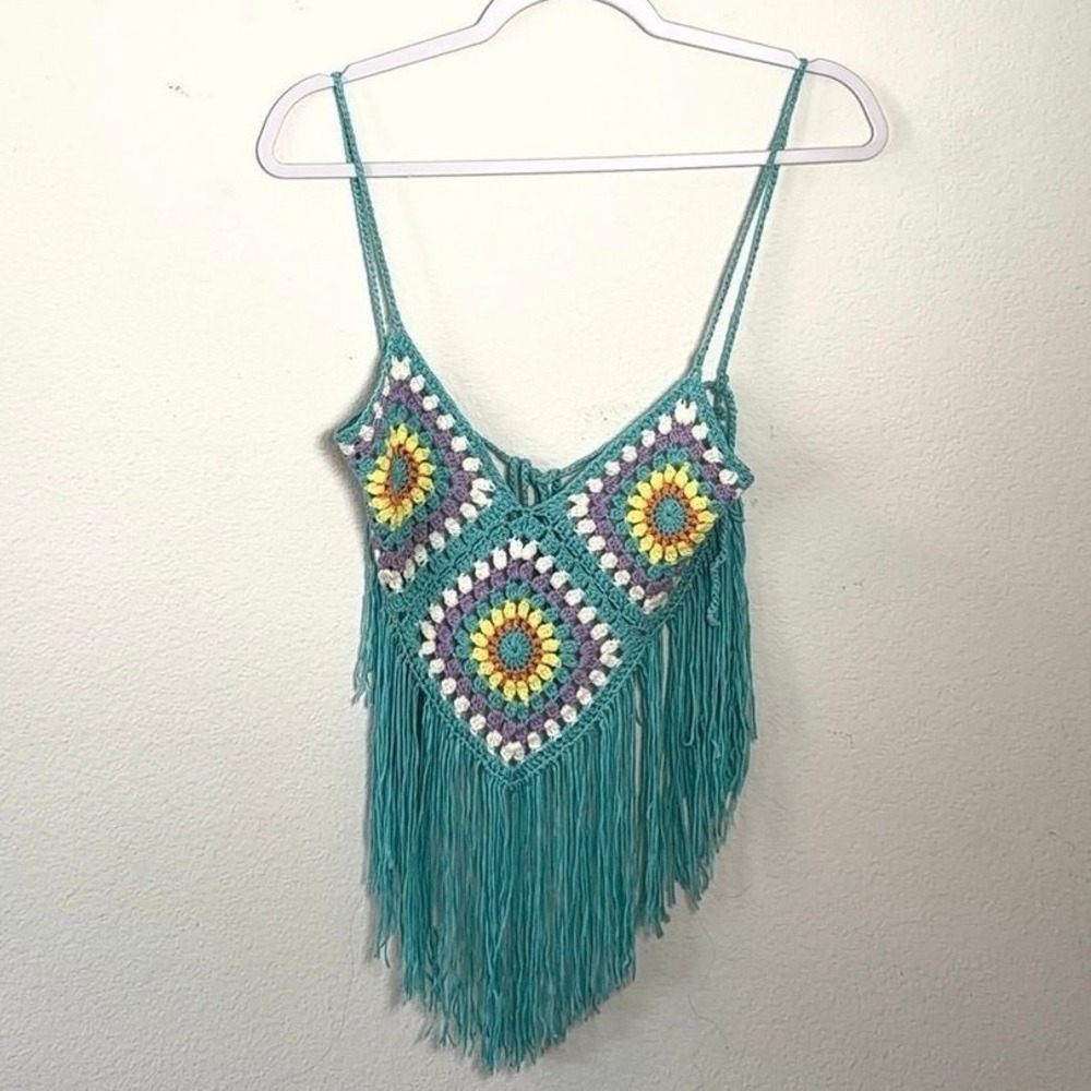 Boho Crochet Granny Square Fringe Cami Top Teal Floral Festival Tank Women